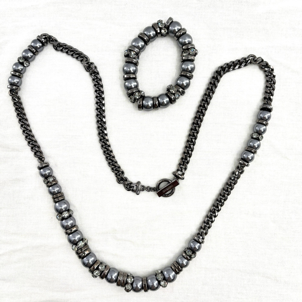 Vintage Givenchy Gunmetal Faux Pearl Rhinestone Necklace Bracelet Set